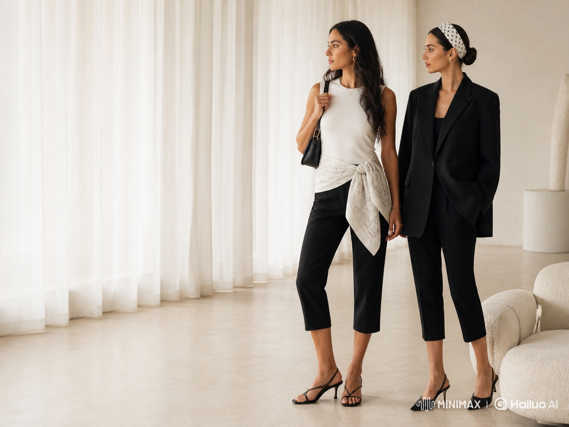 Two women standing in a bright, minimalist room with white curtains. The woman on the left wears a white sleeveless top, black cropped pants, and a white patterned scarf tied at the waist.